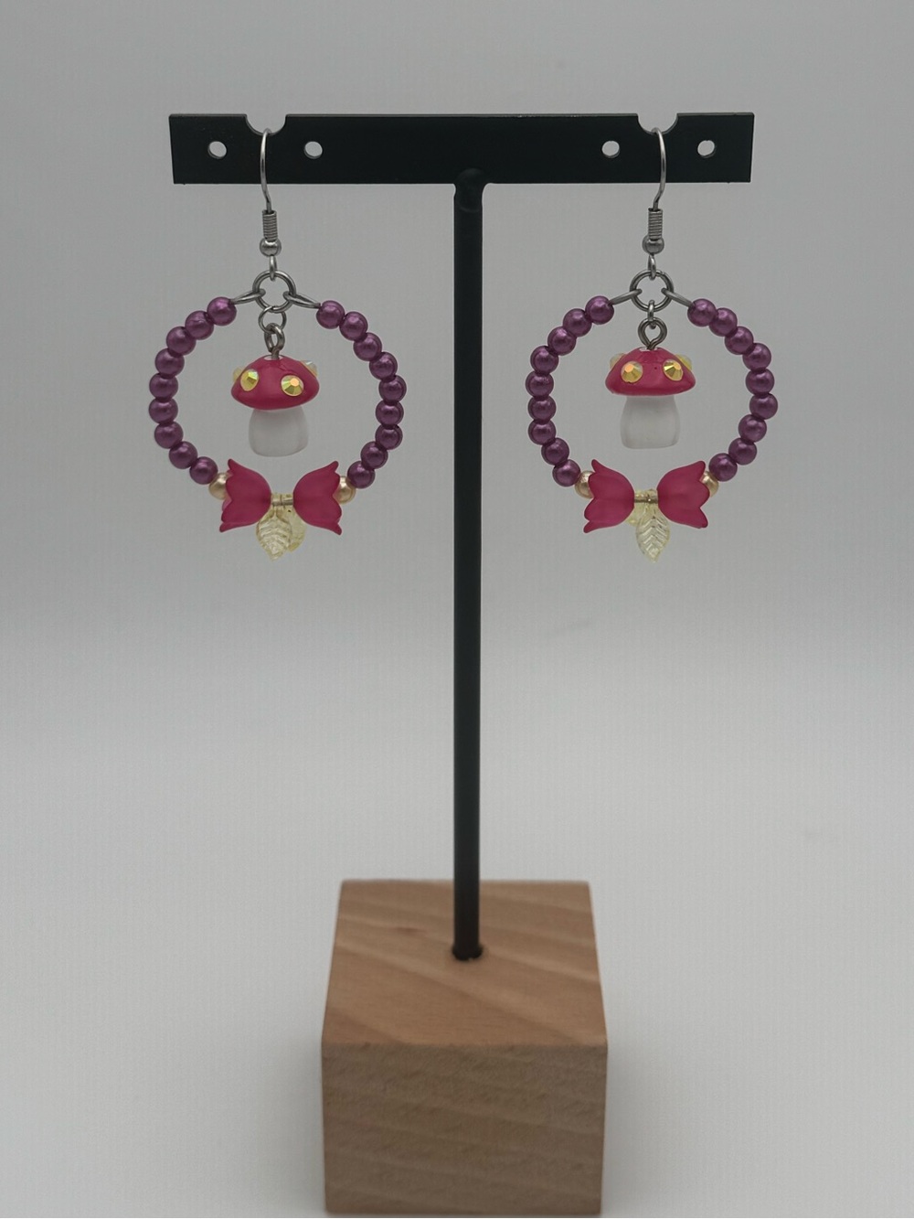 Purple/Pink Beaded Mushroom Hoop Earrings with Flowers